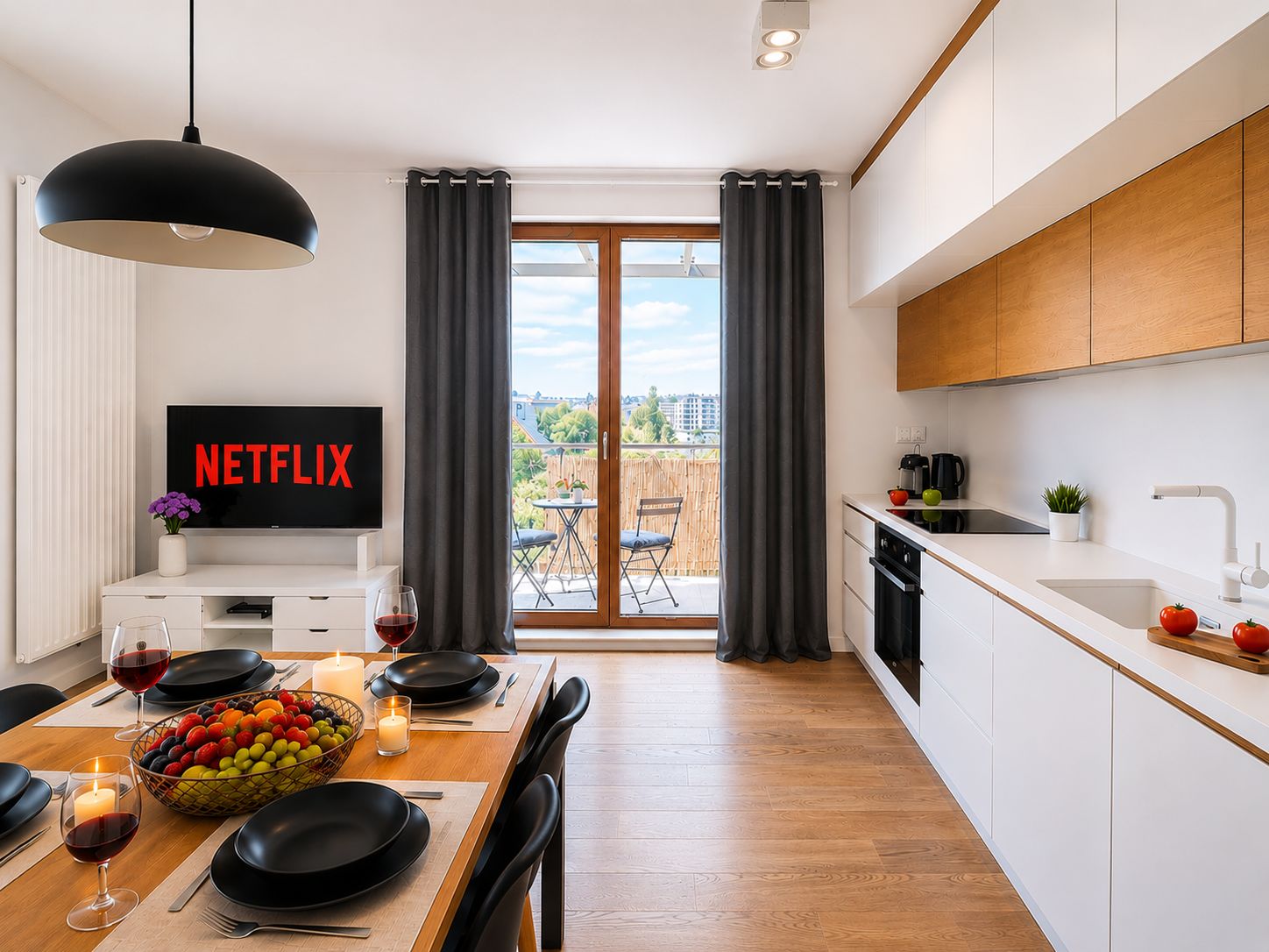 A modern kitchen with a dining area, a TV displaying 'NETFLIX,' and a view of the outdoors.
