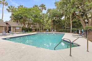 A rectangular swimming pool with a lifeguard station and lounge chairs. - Anchor Down - 2 Bed Beach Fun Dining Golf (Seabrook Island)