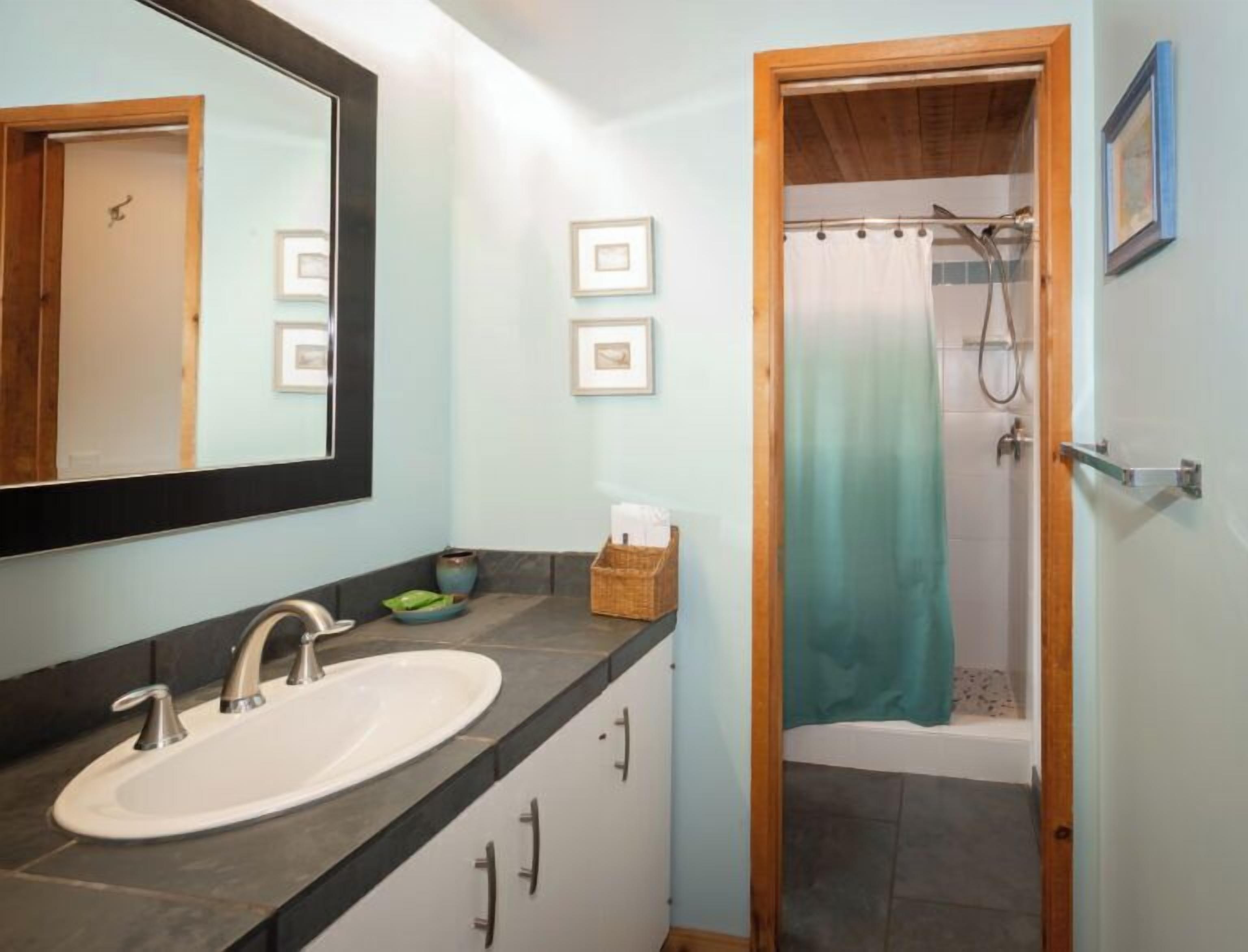 A bathroom with a sink, mirror, shower, and a door leading to a shower area.