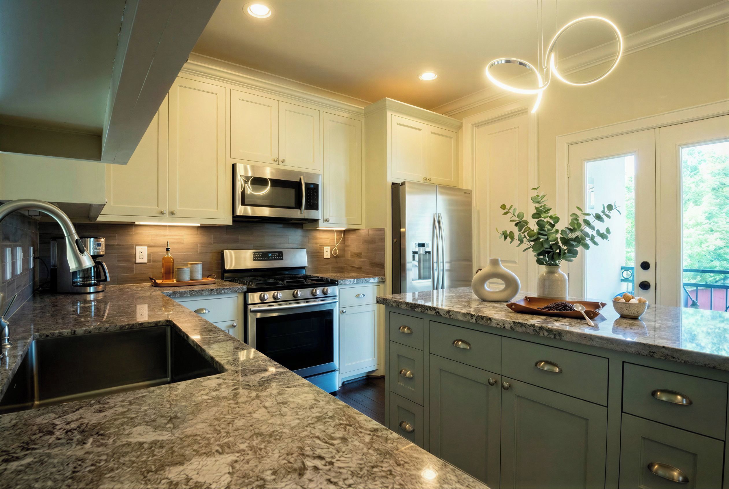 A modern kitchen with granite countertops, stainless steel appliances, and a view of the outdoors.
