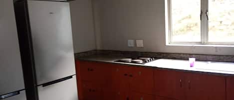 A kitchen with a refrigerator, a microwave, a window, and a sink.