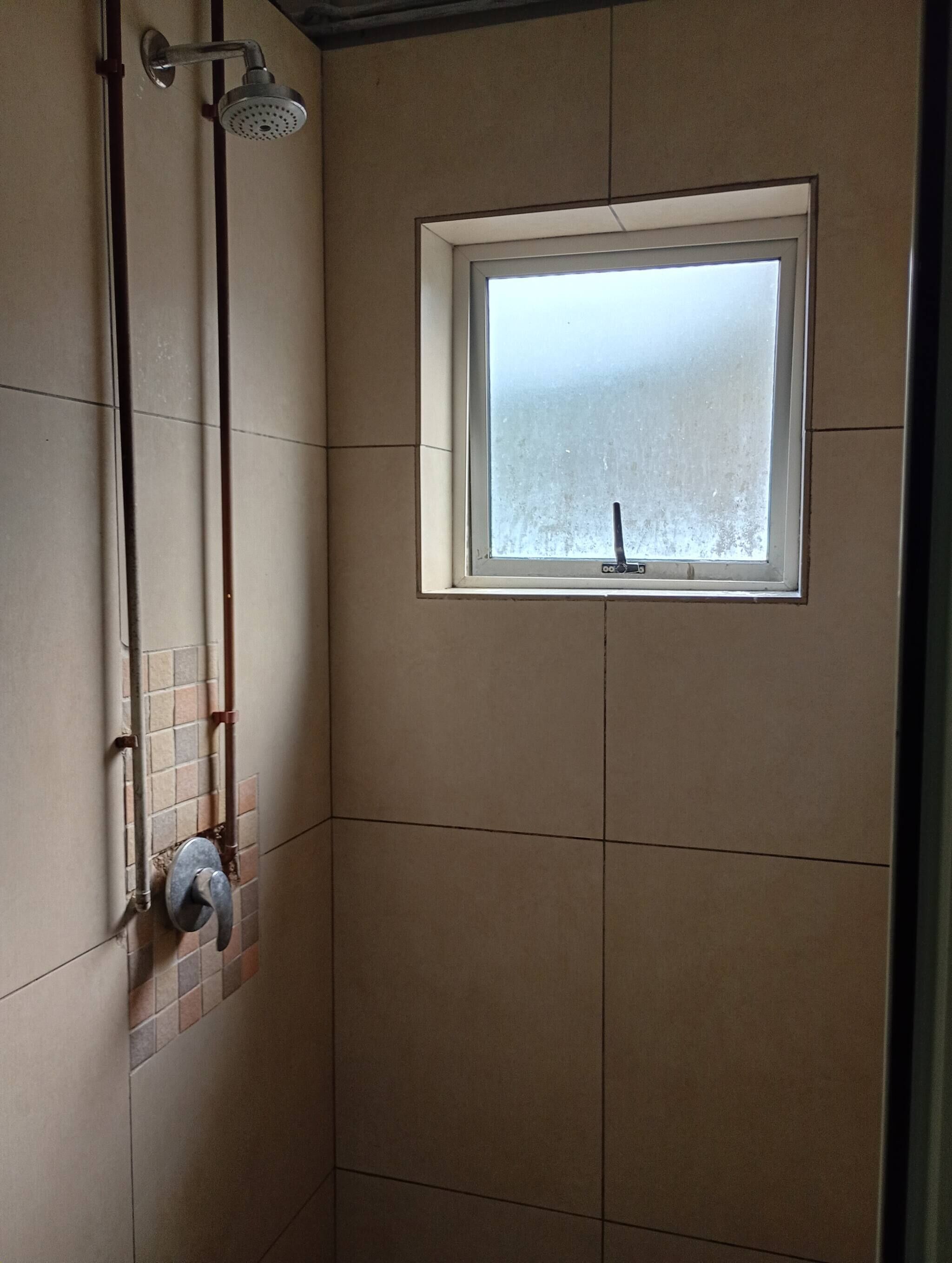 A bathroom with a shower, a window, and a towel rack.