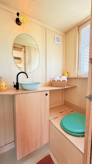 A compact bathroom with a wooden vanity, a round mirror, a blue sink, a small basket, and a green toilet seat. - Unique Accommodations (Montrieux-en-Sologne)