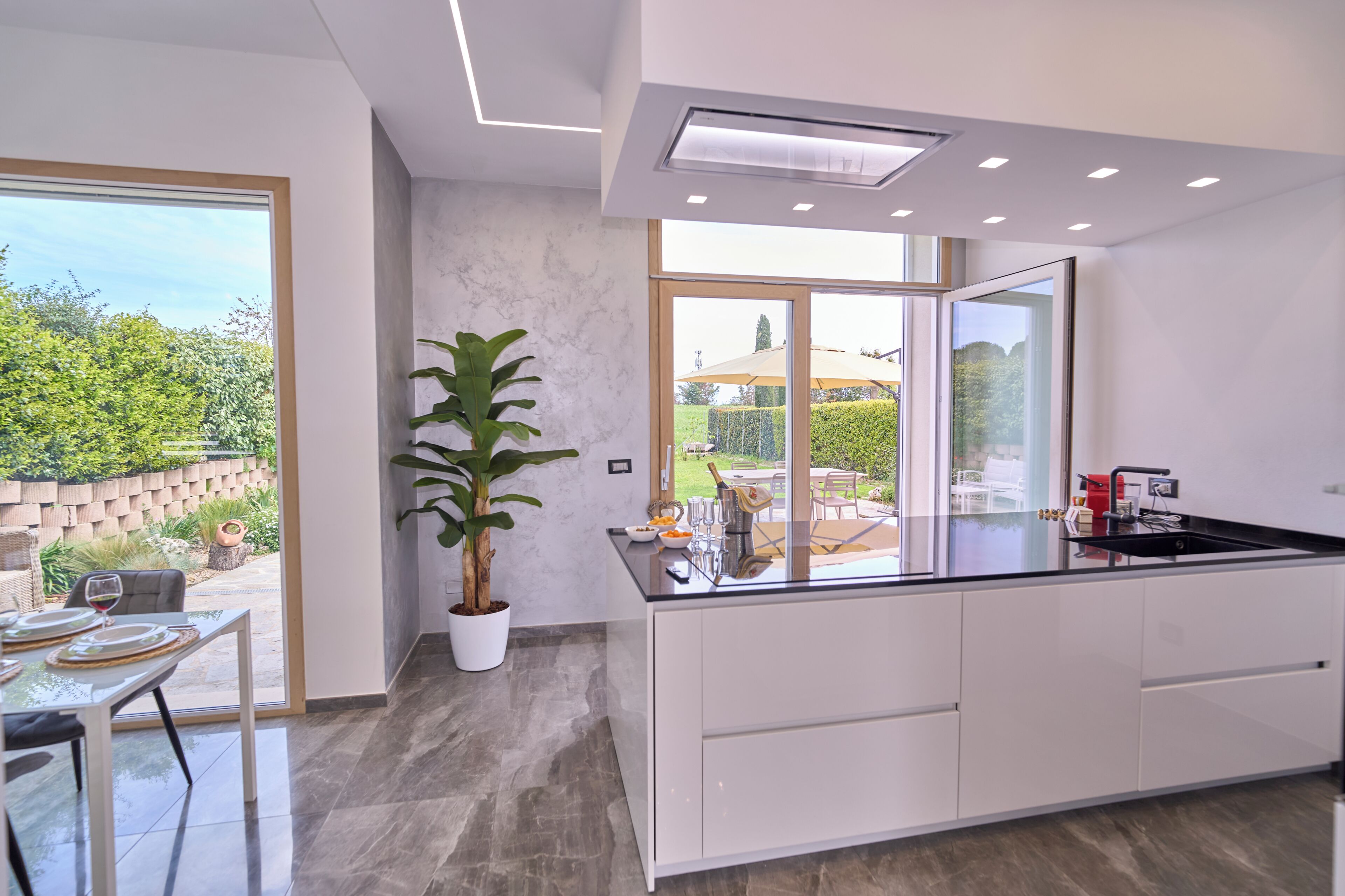 A modern kitchen with a large island, a potted plant, and a view of the outdoor patio.