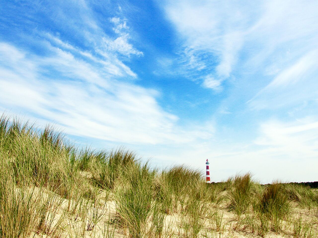 Ein Leuchtturm an einem sandigen Strand mit Dünen und einem klaren Himmel.