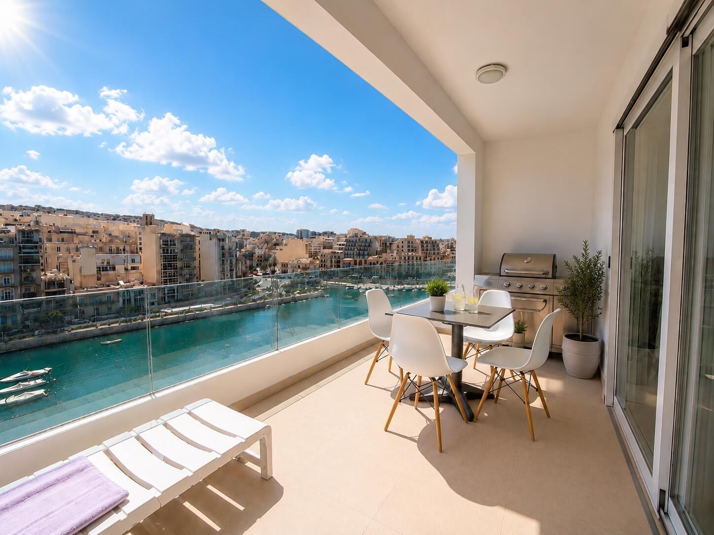 Een balkon met een tafel en stoelen, met uitzicht op water en gebouwen.