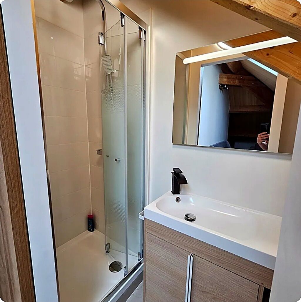Un baño con ducha de mampara de vidrio, un lavamanos blanco y un espejo encima.