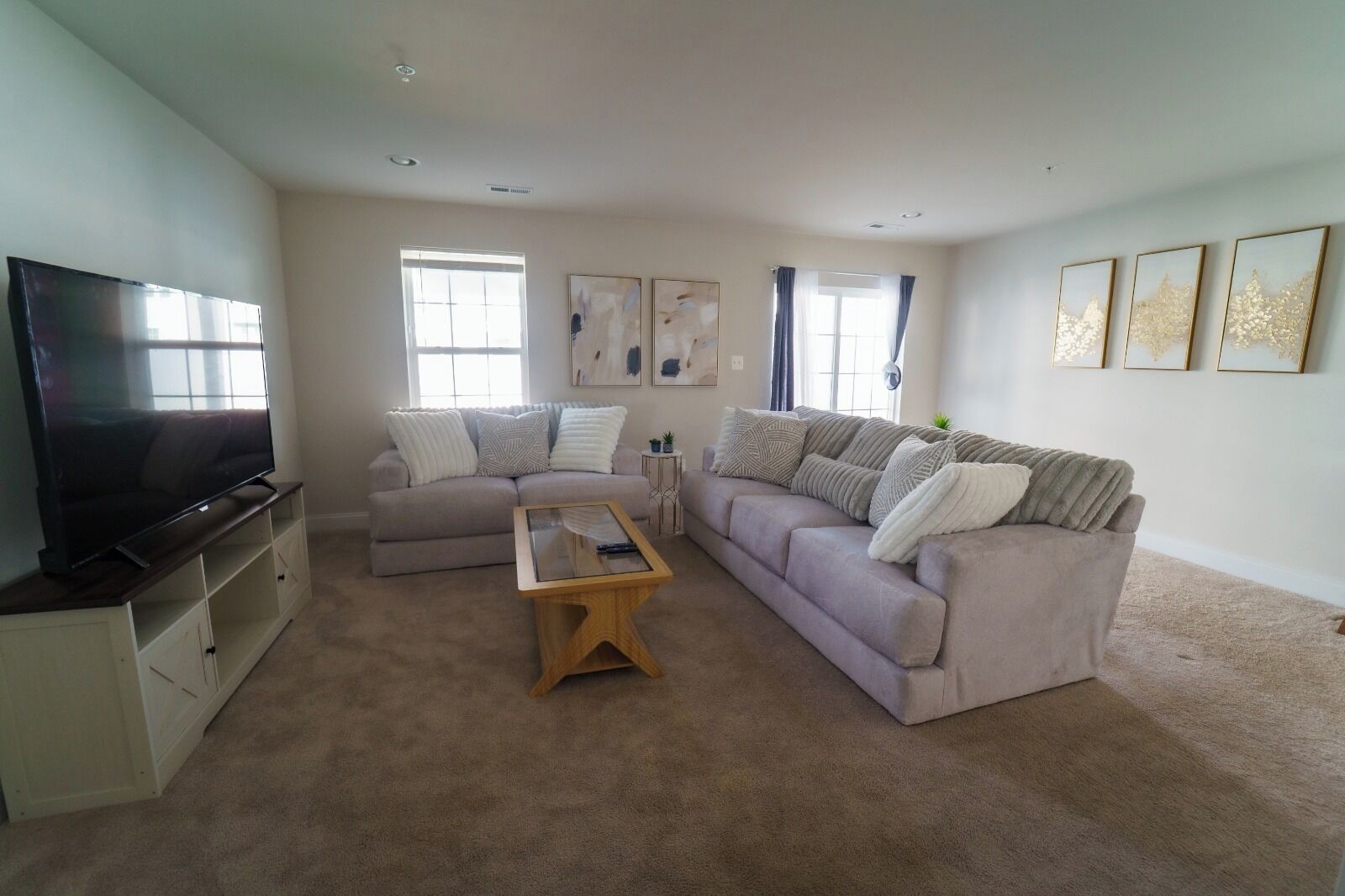 A living room with a flat-screen TV, two sofas, a coffee table, and artwork on the walls.