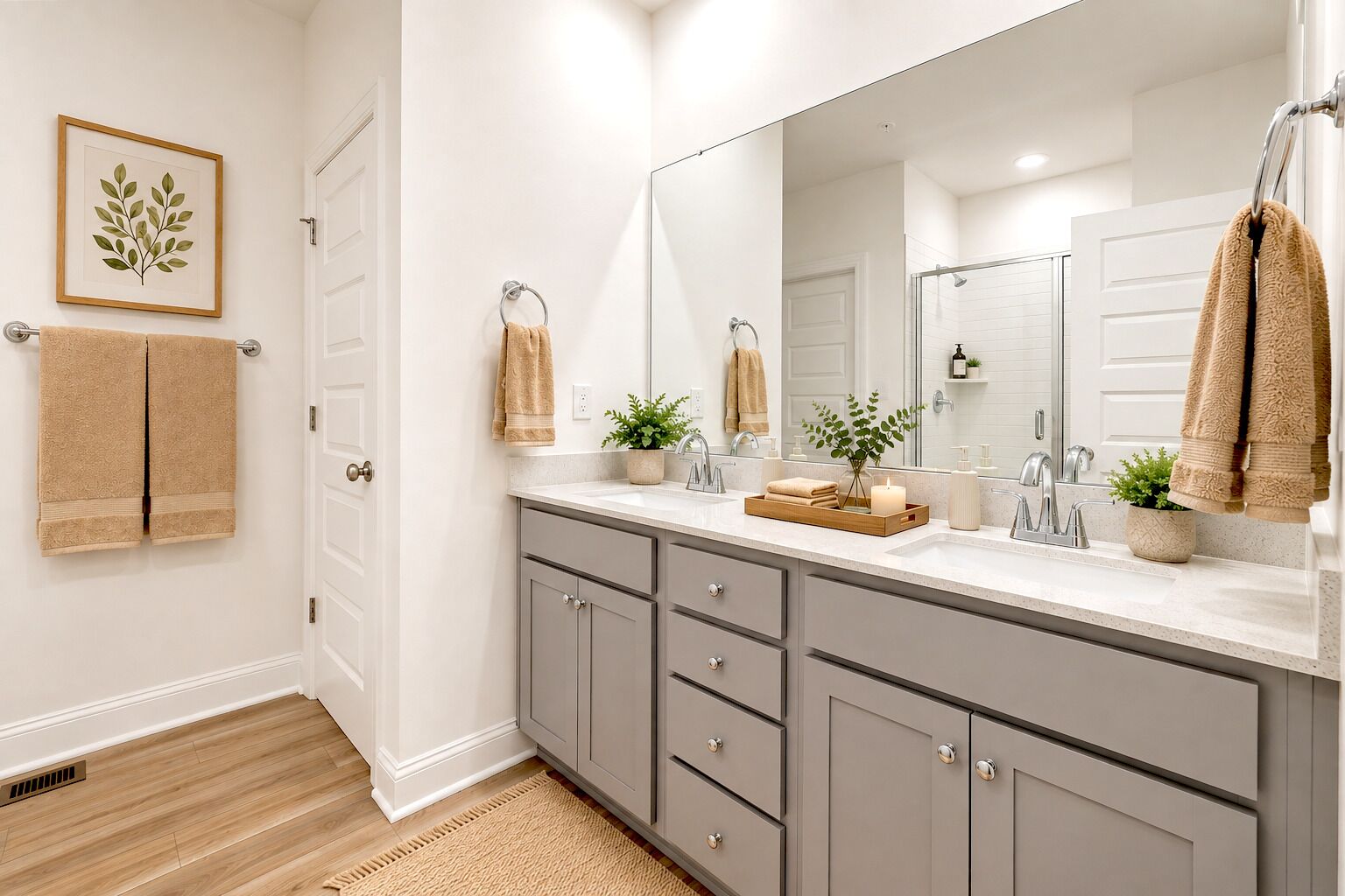 A modern bathroom with a large mirror, dual sinks, and grey cabinetry.