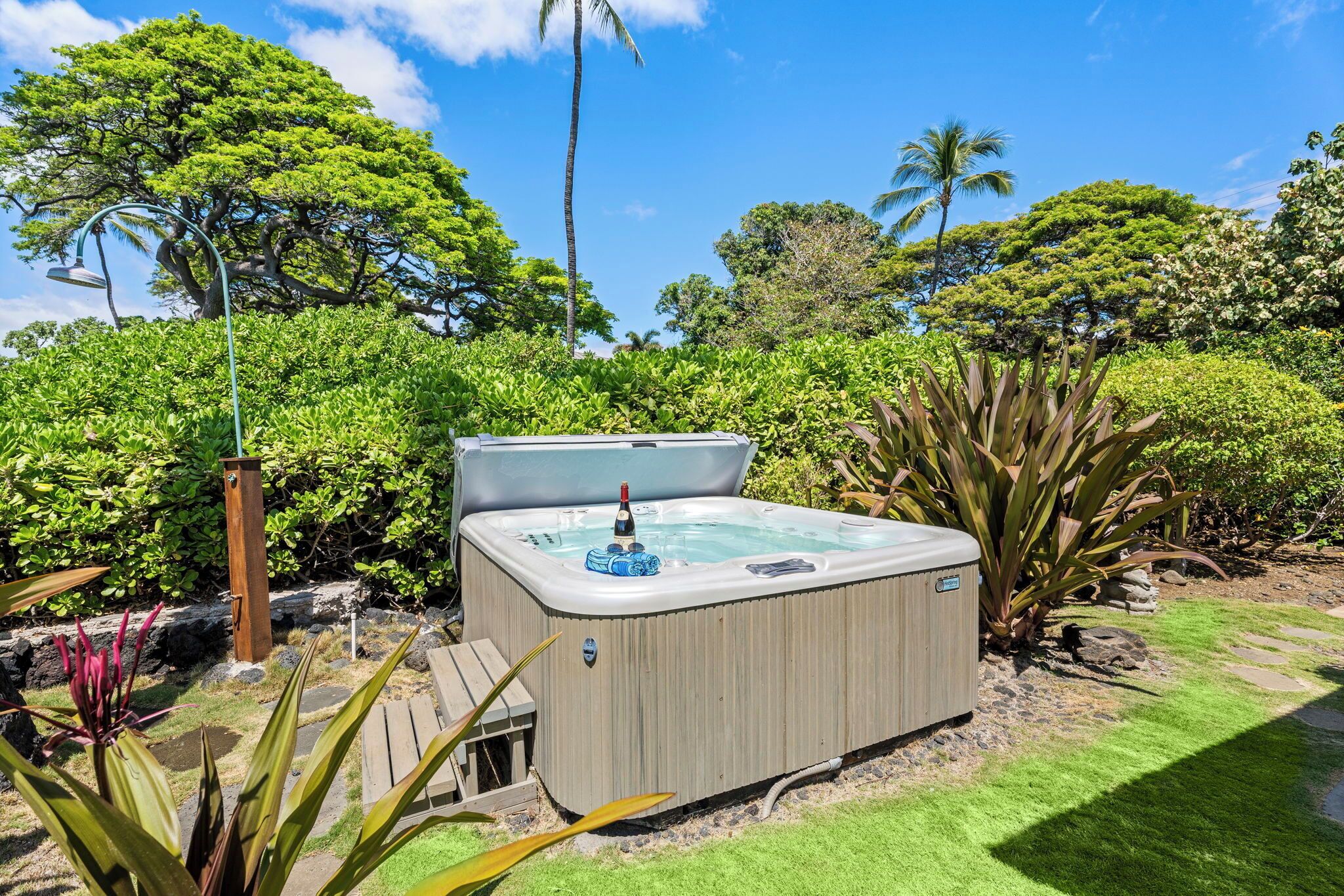 A hot tub in a garden with lush greenery and a clear sky.