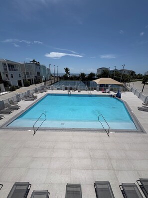A rectangular swimming pool with a tiled deck, surrounded by lounge chairs and umbrellas. - Paradise Found~ Oceanfront Home in Key Largo, FL (Key Largo)