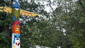 Un totem orné de différentes figures d’animaux, une maison avec un porche et un jardin.