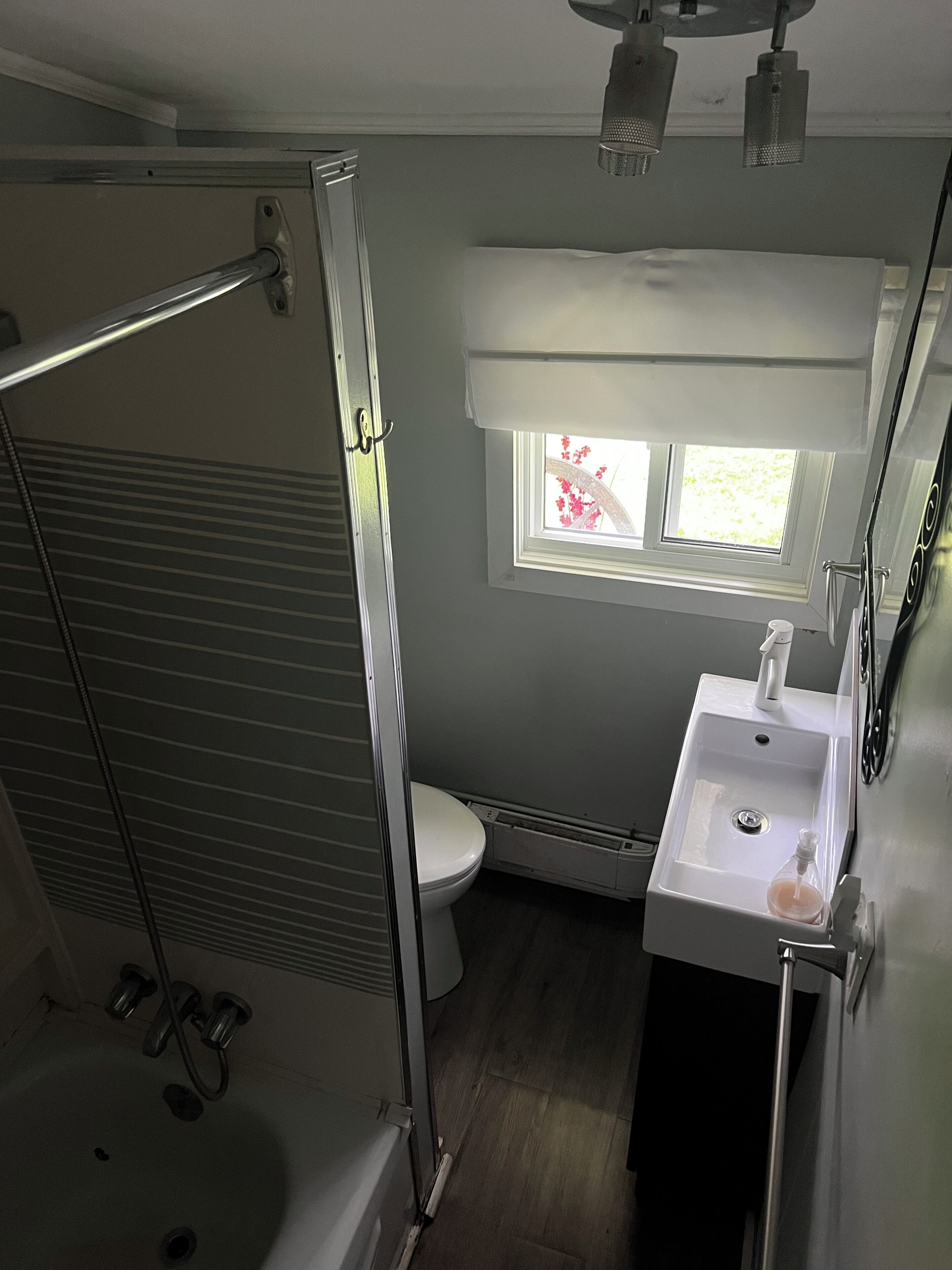 Een badkamer met douche, toilet, wastafel en een raam met uitzicht op groen.