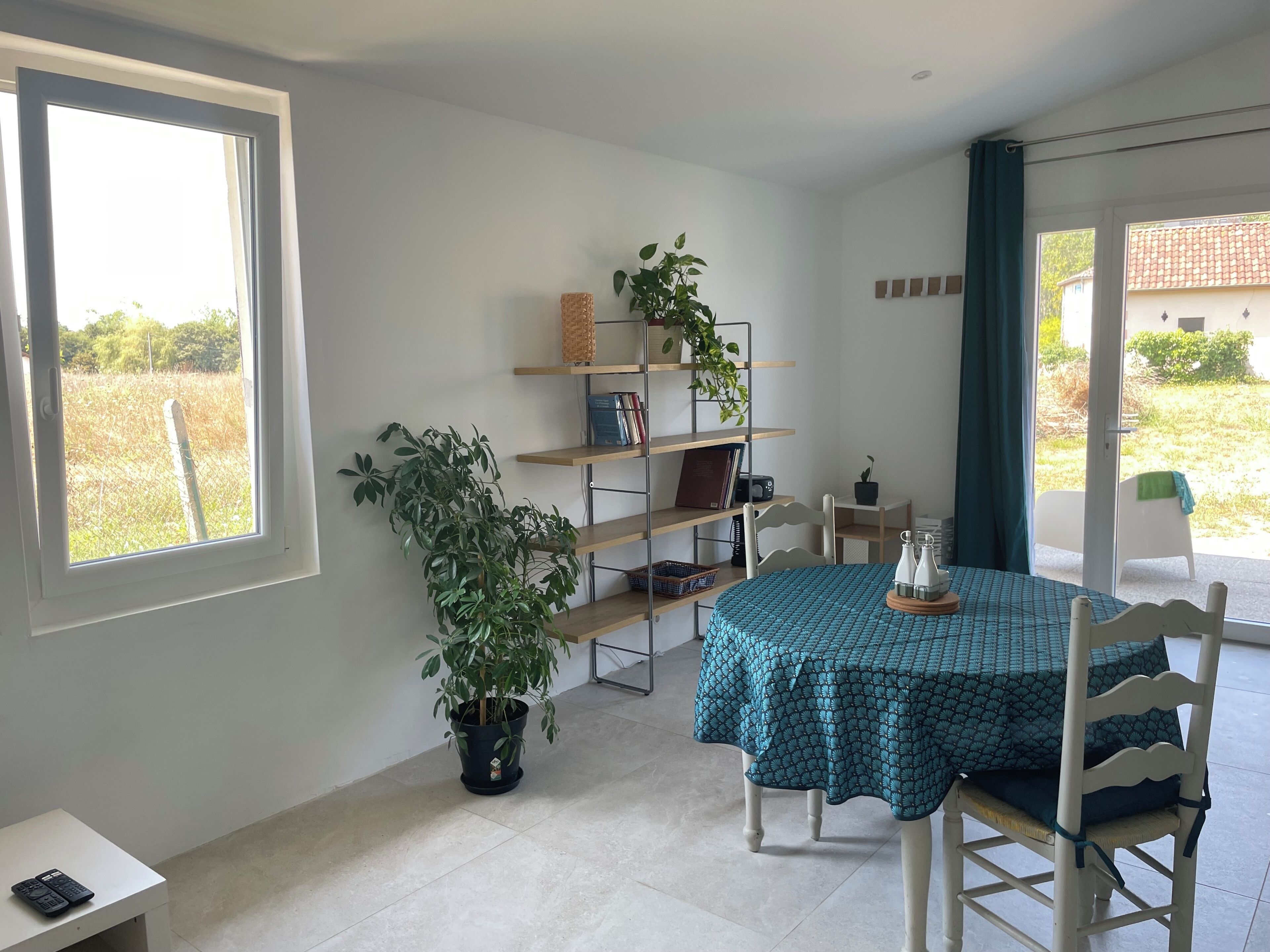 A room with a dining table, chairs, a potted plant, a bookshelf, and a window with a view of greenery.
