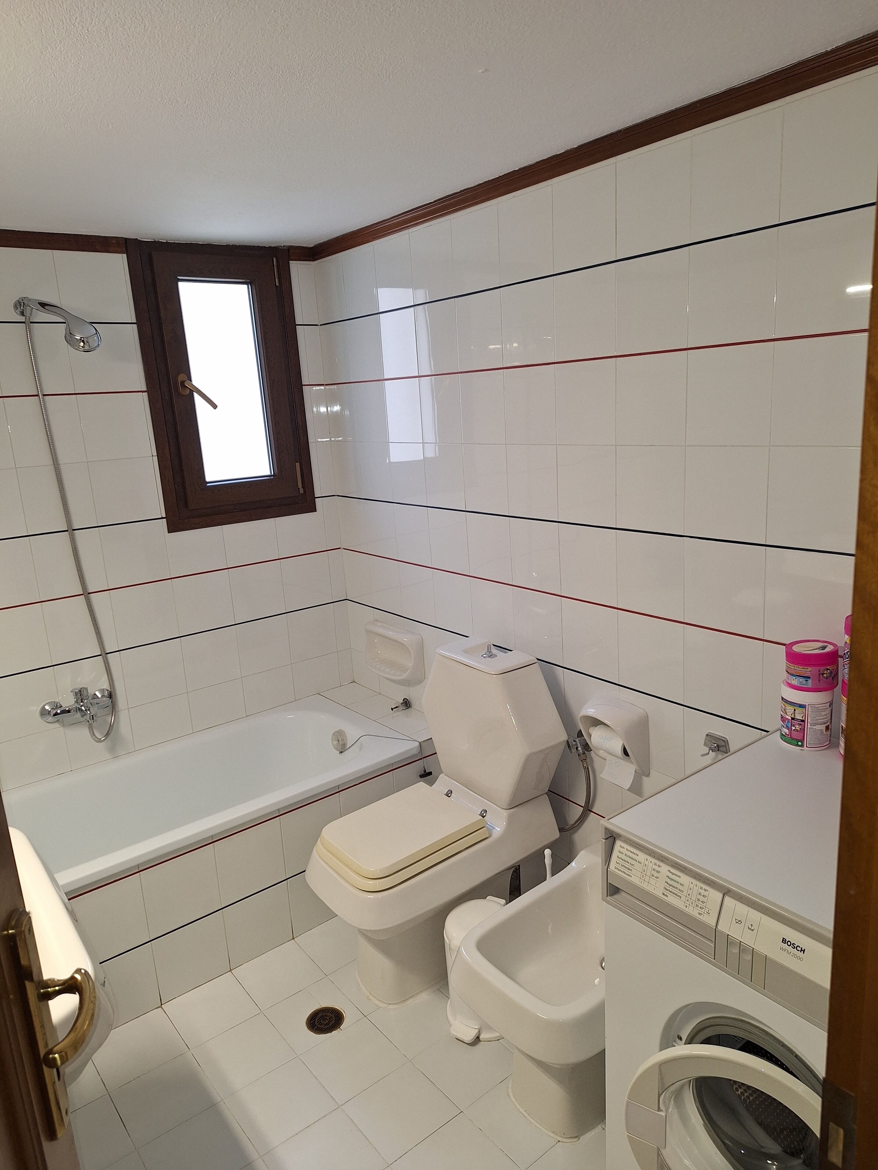 Une salle de bain avec une baignoire, des toilettes et un lave-linge.