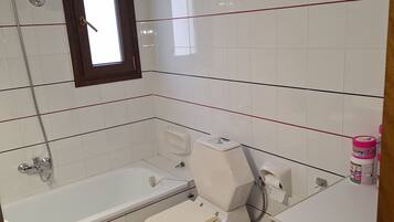 Une salle de bain avec une baignoire, des toilettes et un lave-linge.