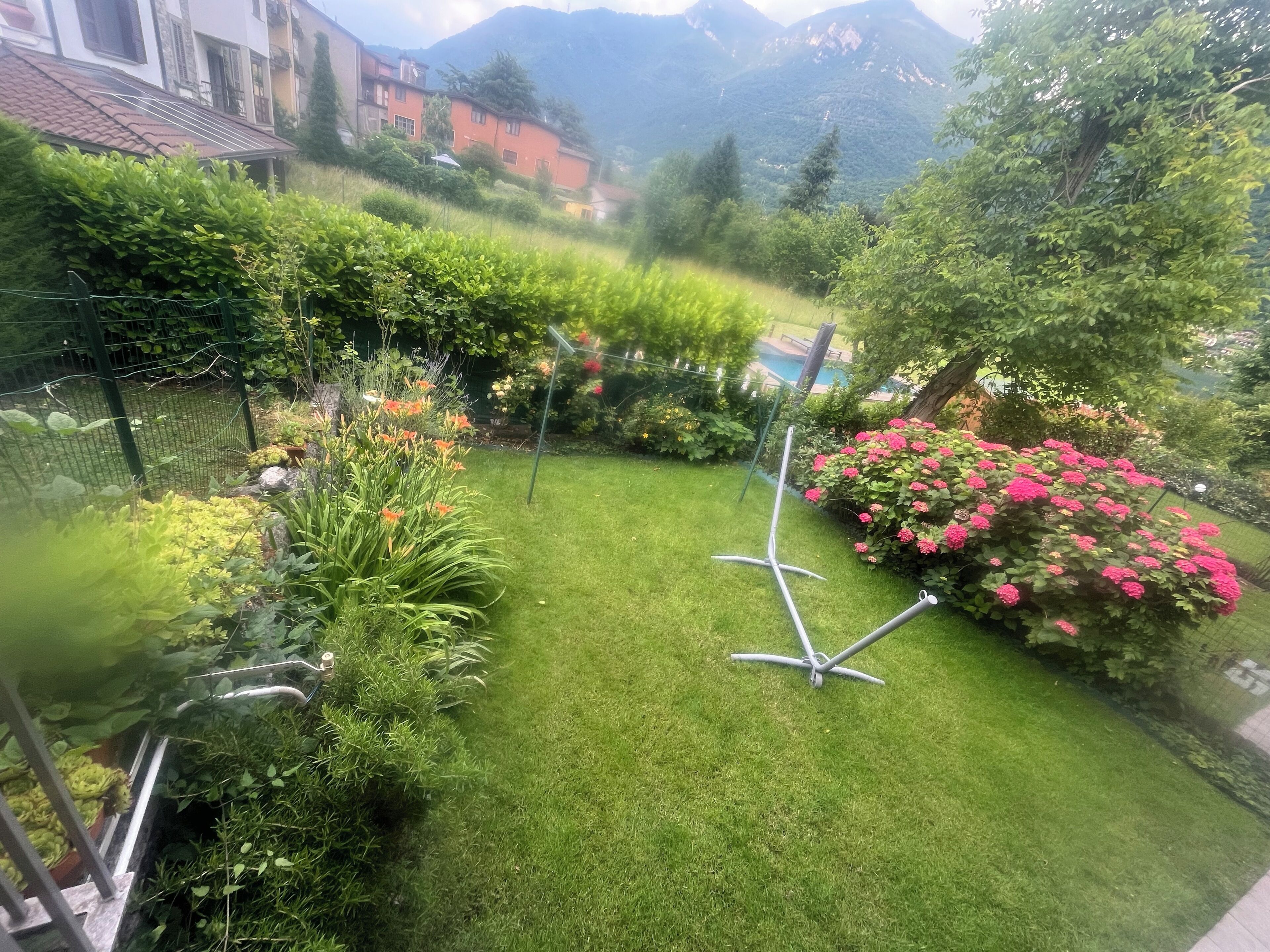 A well-maintained garden with a variety of plants and flowers, a lawn, and a metal structure in the center.