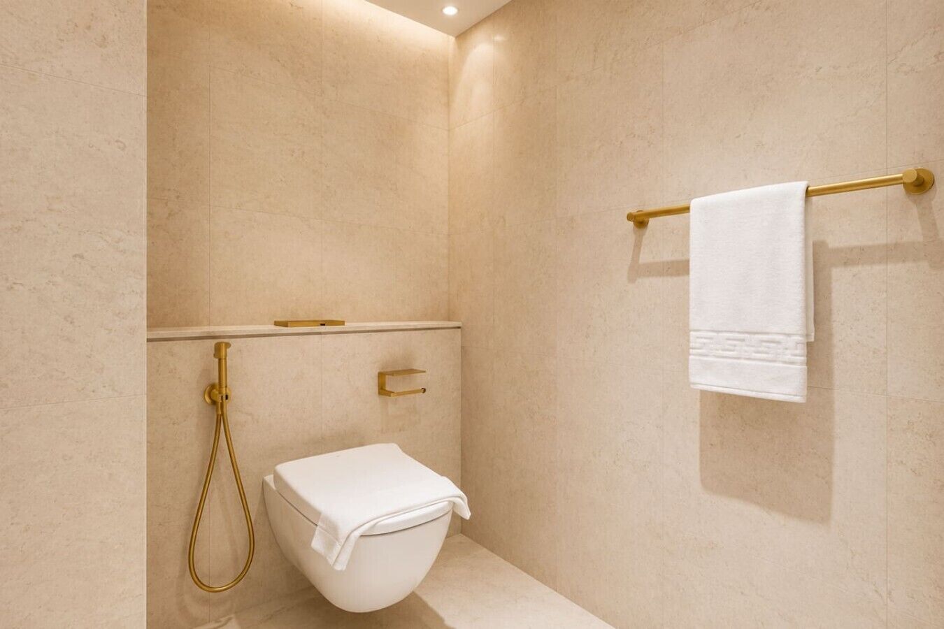 A bathroom with a toilet, a shower, and a towel rack.