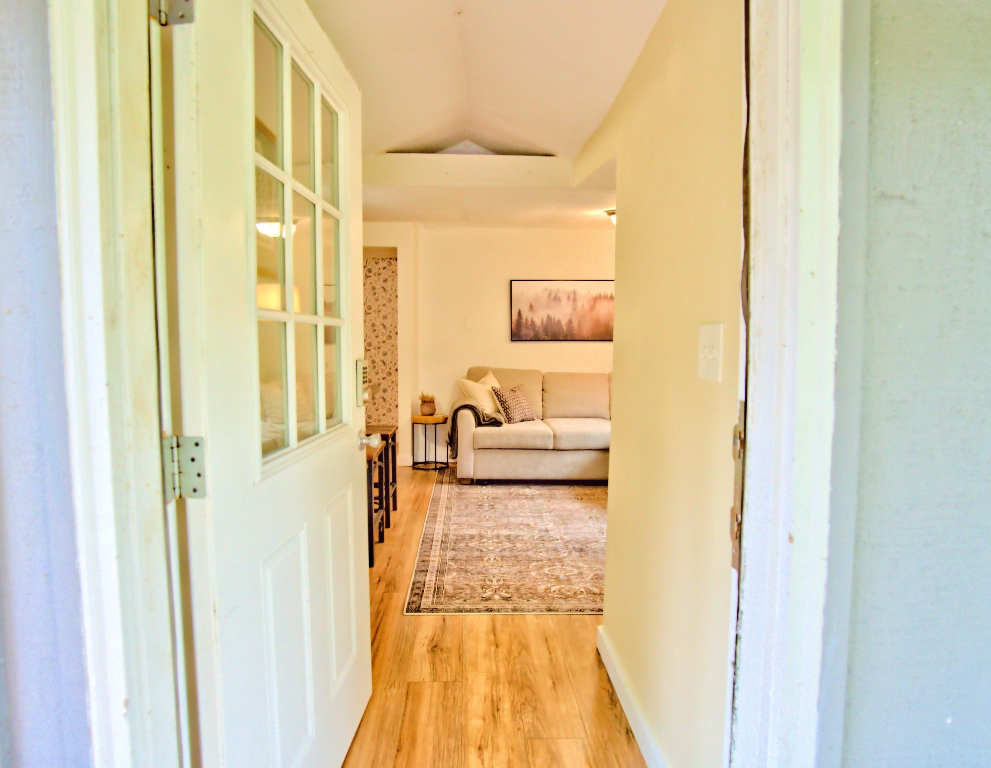 A hallway leading to a living room with a sofa and a rug.