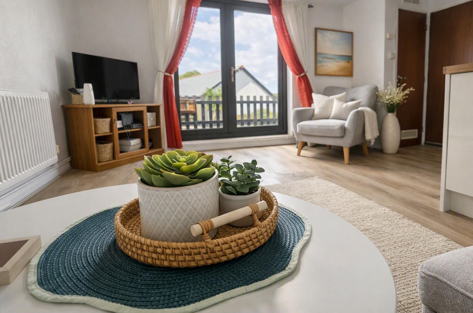 Un soggiorno con un divano bianco, una televisione, un mobile in legno e un'ampia finestra con tende.