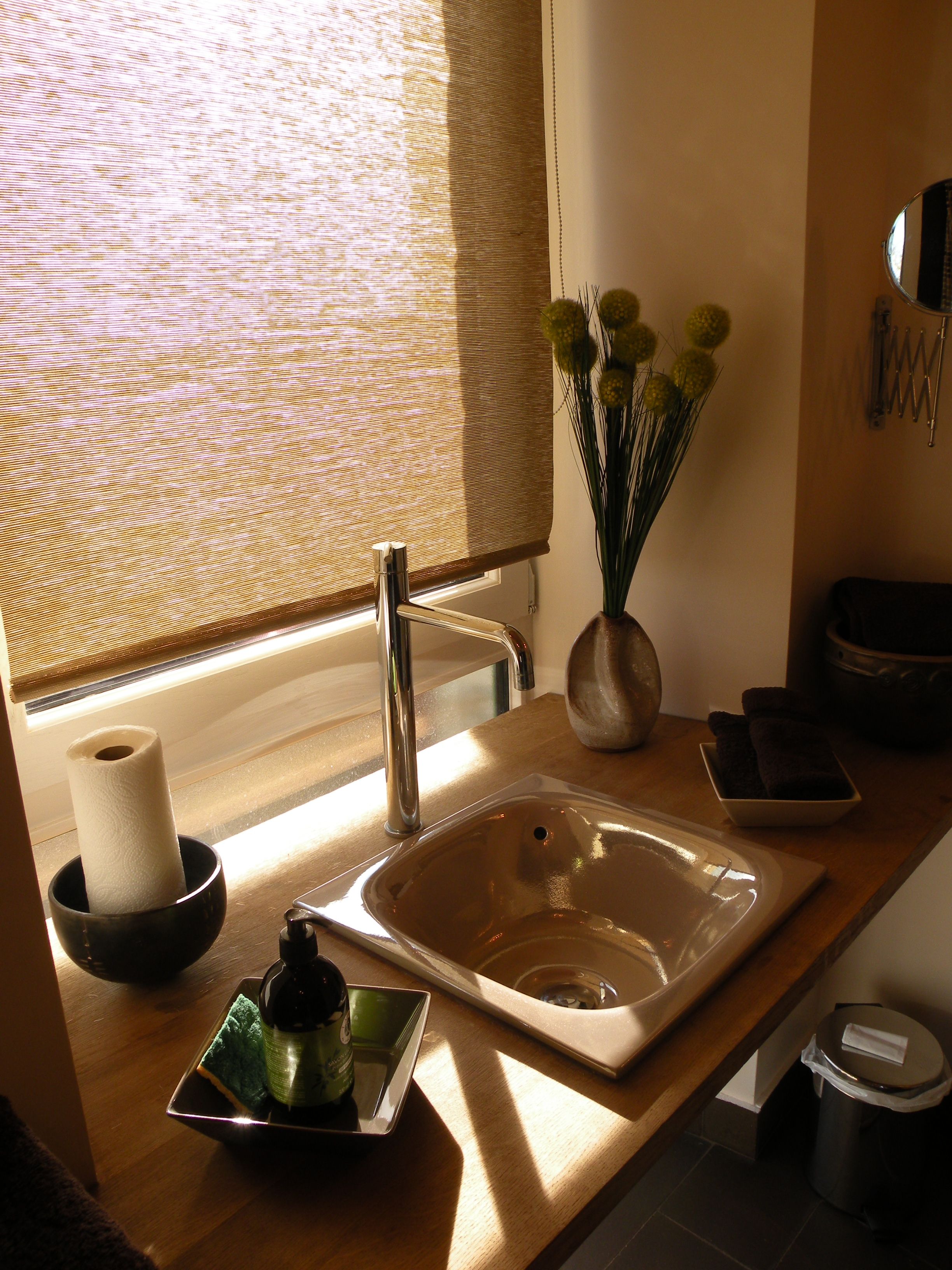 A bathroom sink with a modern faucet, a toilet paper holder, a vase with flowers, and a small dish with a bottle.