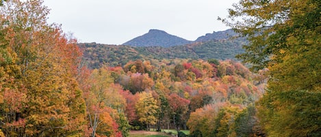 Un parcours de golf avec un étang, entouré d’arbres aux couleurs automnales et avec une montagne en arrière-plan.
