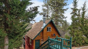 Una pequeña cabaña de madera con techo a dos aguas, una chimenea y una escalera verde que lleva a la entrada.