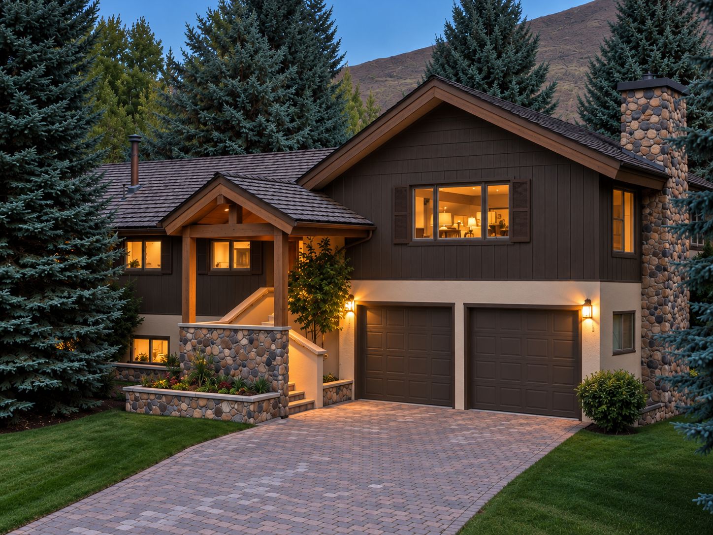 A two-story house with a stone facade, a brick driveway, and a well-maintained lawn.