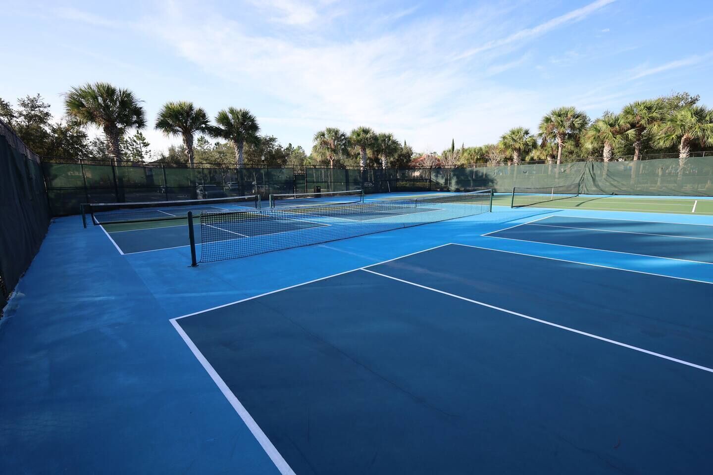 Una cancha de tenis con una red, rodeada por una valla y palmeras.