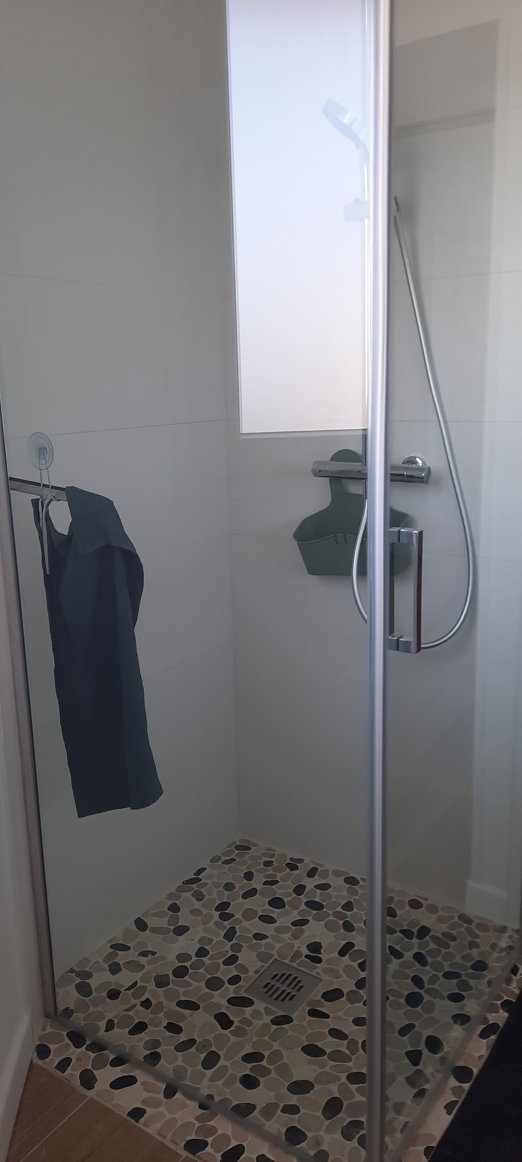 A shower with a glass door, a towel rack, and a small shelf with toiletries.