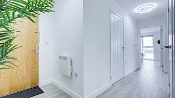 A hallway with white walls, a wooden door, a radiator, and a plant.