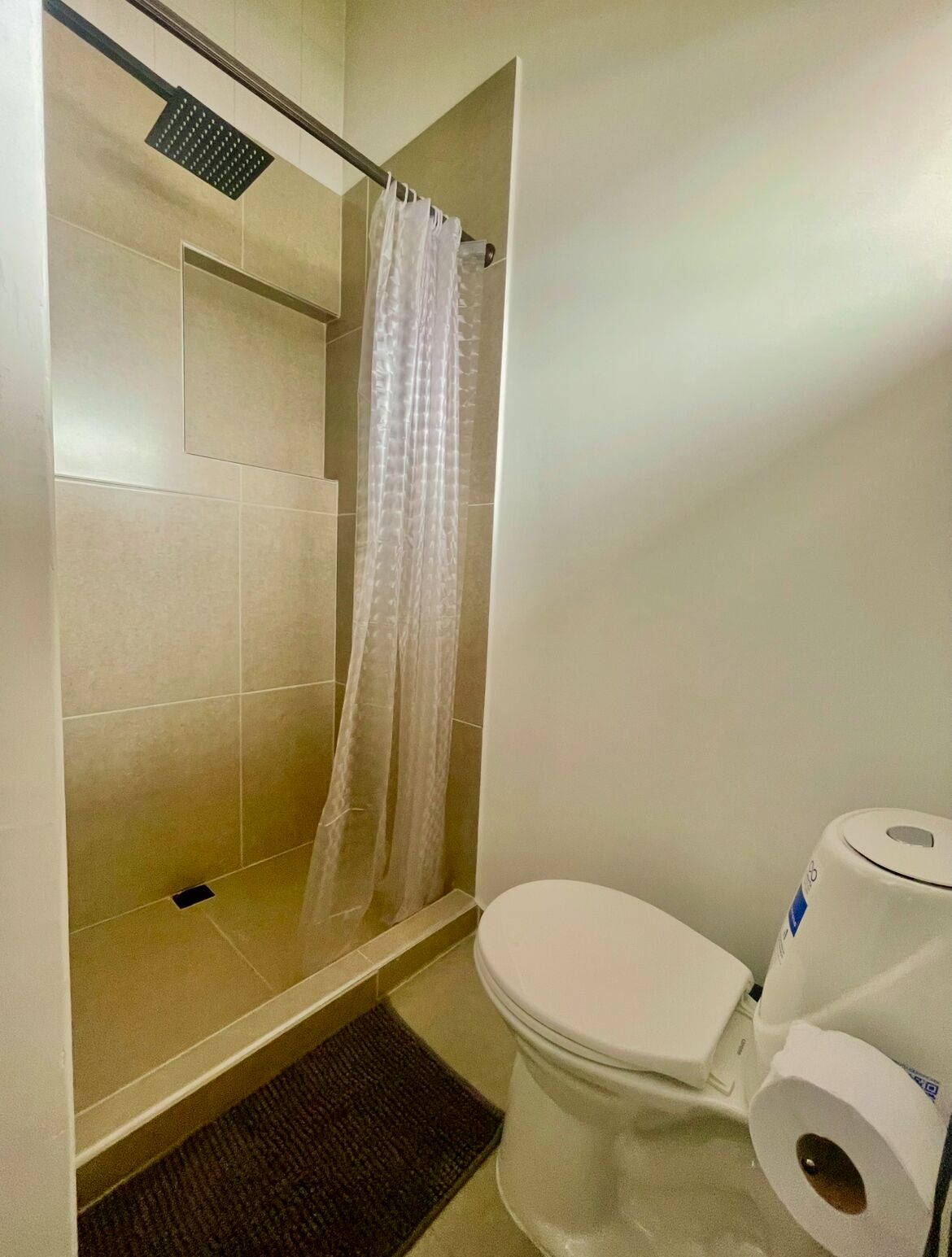 Un baño con ducha, inodoro y un rollo de papel higiénico.