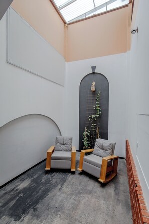 Een kamer met twee grijze fauteuils, een zwarte wandplanter met een plant en een dakvenster.