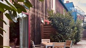 Un patio con una mesa y sillas de madera, una cerca también de madera y una planta en maceta.