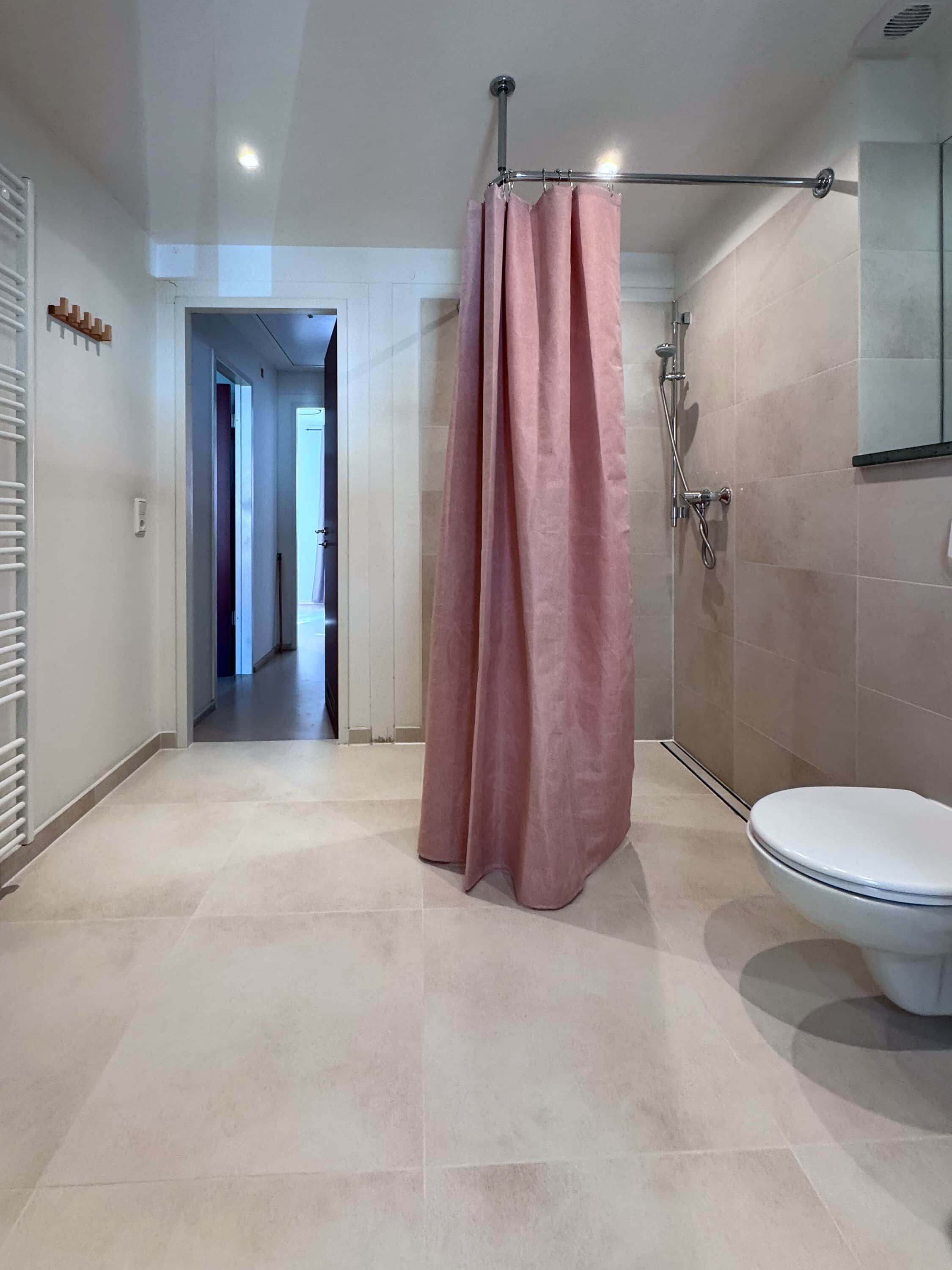 Une salle de bain avec douche, toilettes et un couloir visible menant à une autre pièce.