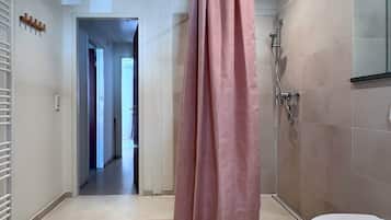 Une salle de bain avec douche, toilettes et un couloir visible menant à une autre pièce.