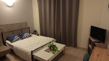 Una habitación de hotel con una cama, una mesita de noche con una planta, un televisor y un escritorio.