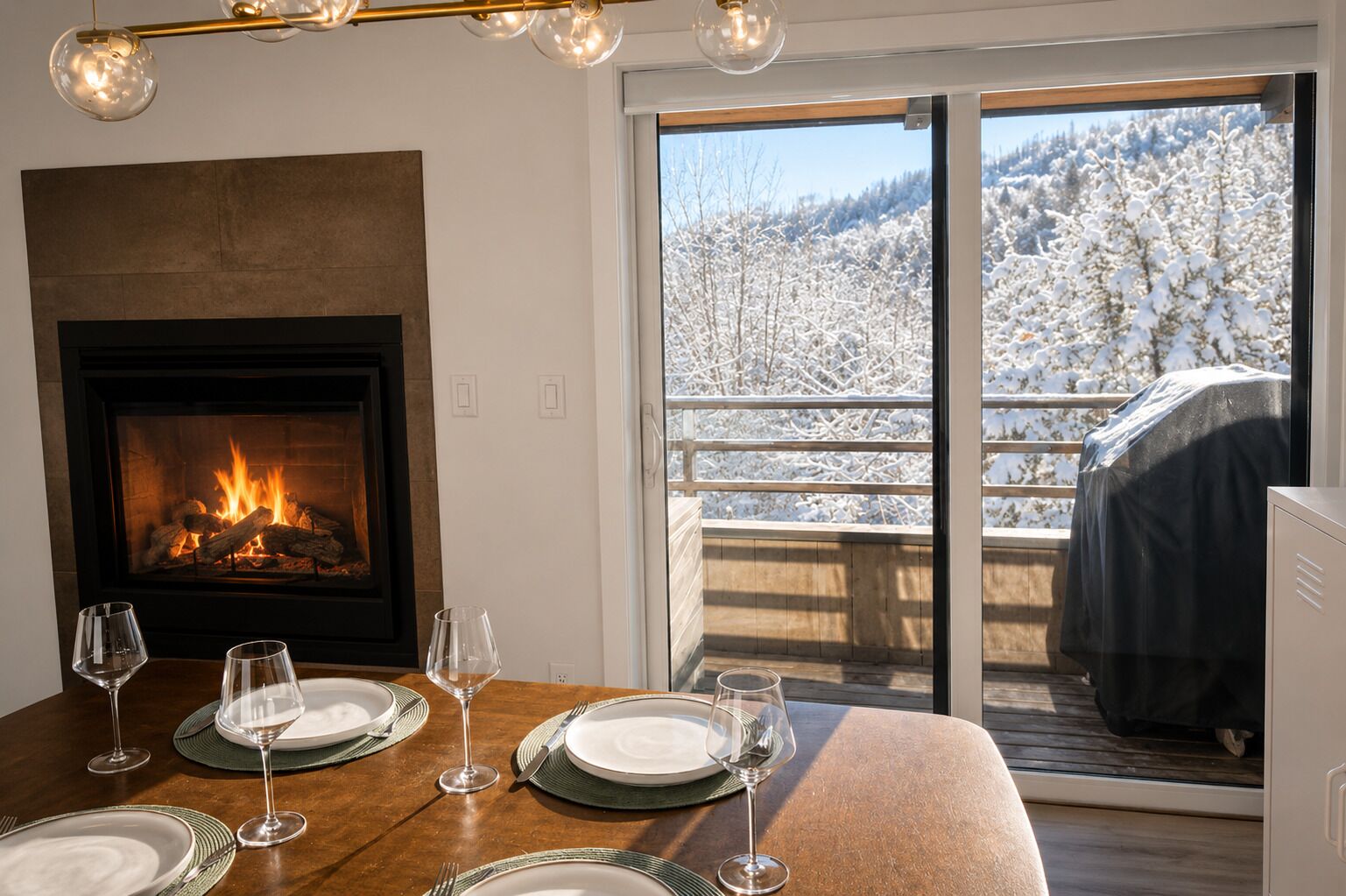 A dining area with a fireplace, a table set for four, and a view of a snowy landscape through a sliding glass door.