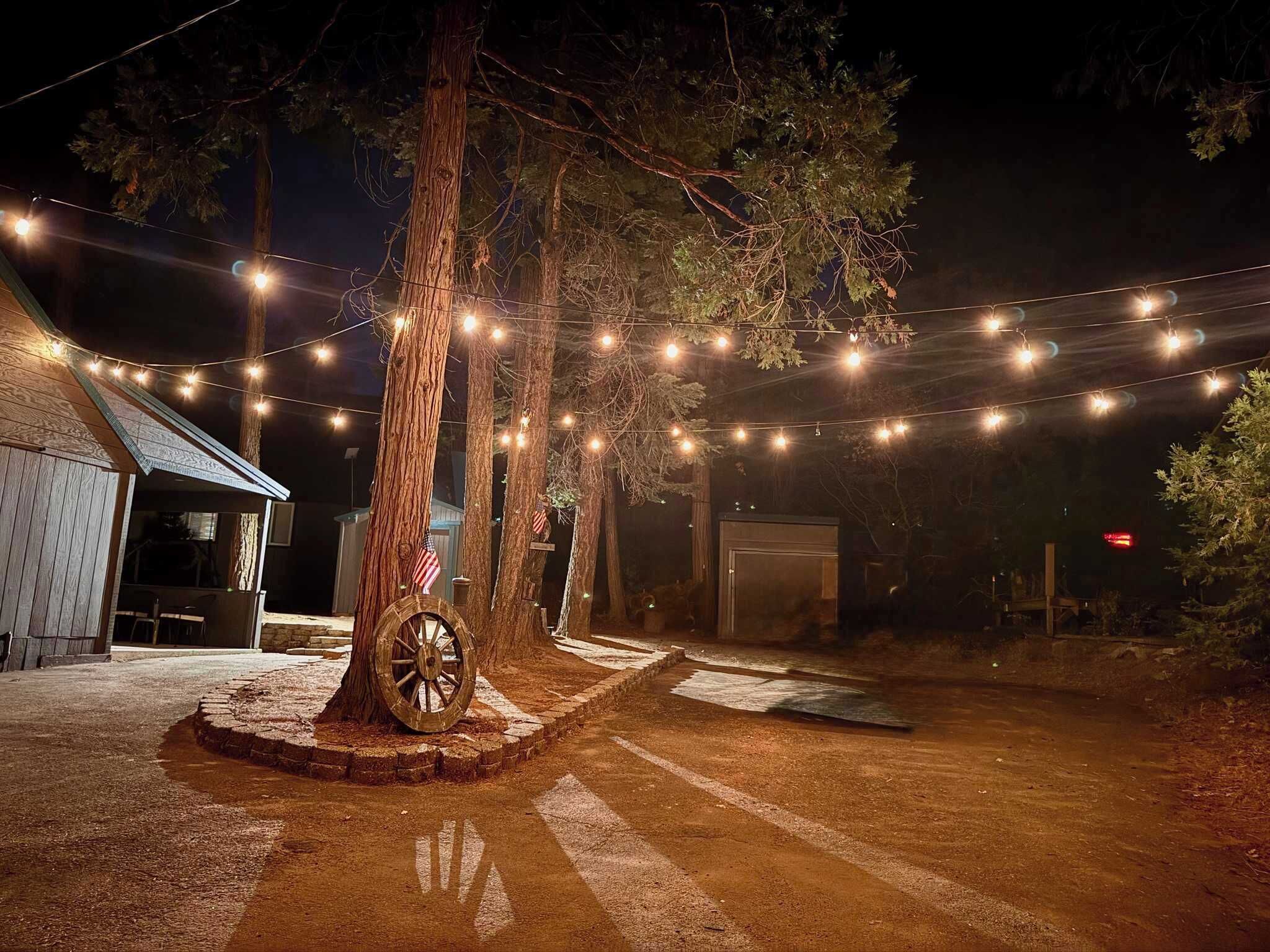 A rustic outdoor setting with a dirt path, wooden structures, and string lights.