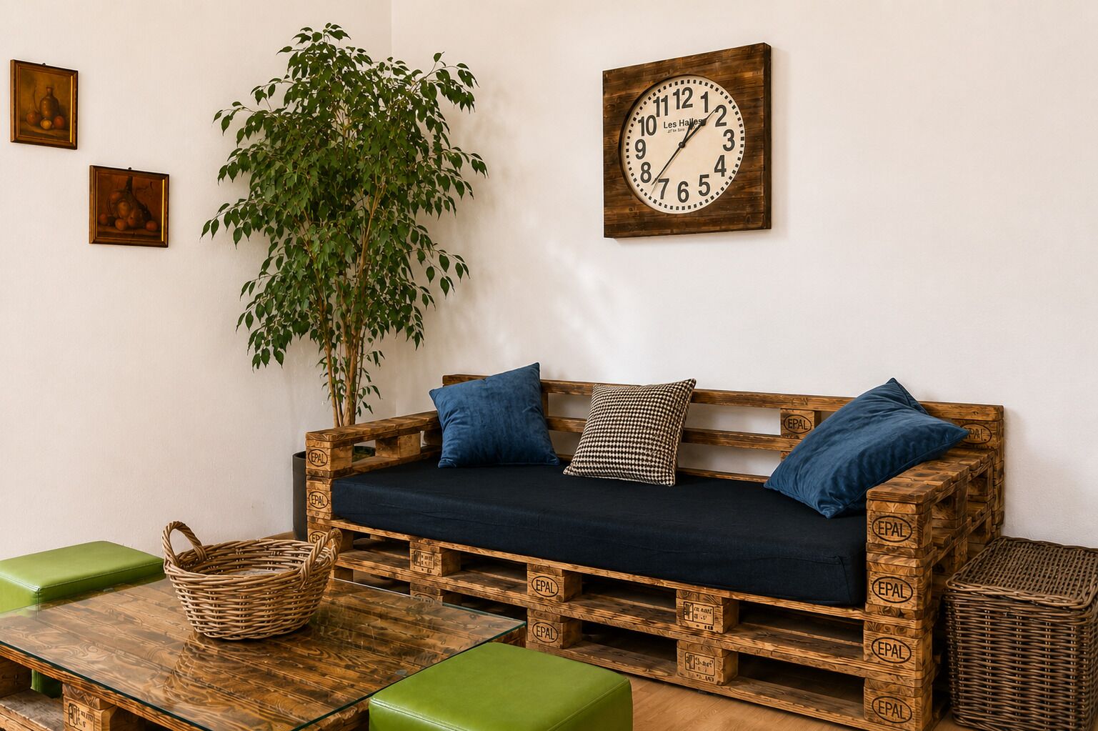 Un sofá de madera rústico con cojines, un reloj de pared y una planta verde en una habitación con un diseño sencillo y limpio.