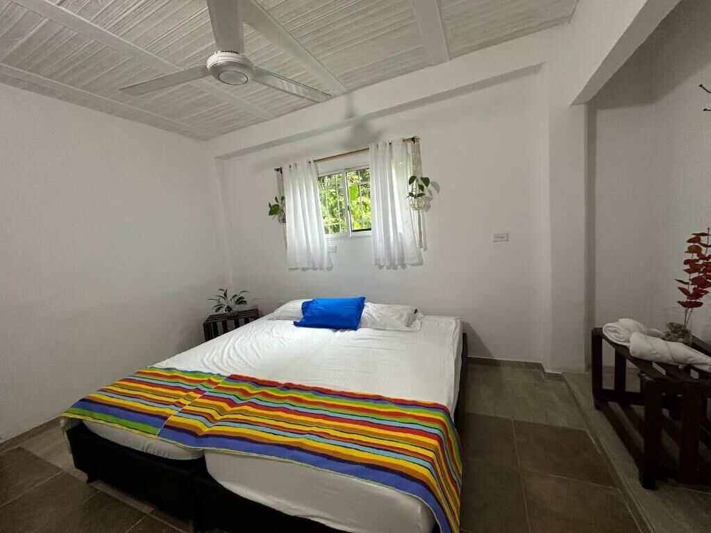 A bedroom with a bed, a ceiling fan, a window with curtains, and a bedside table with a plant.