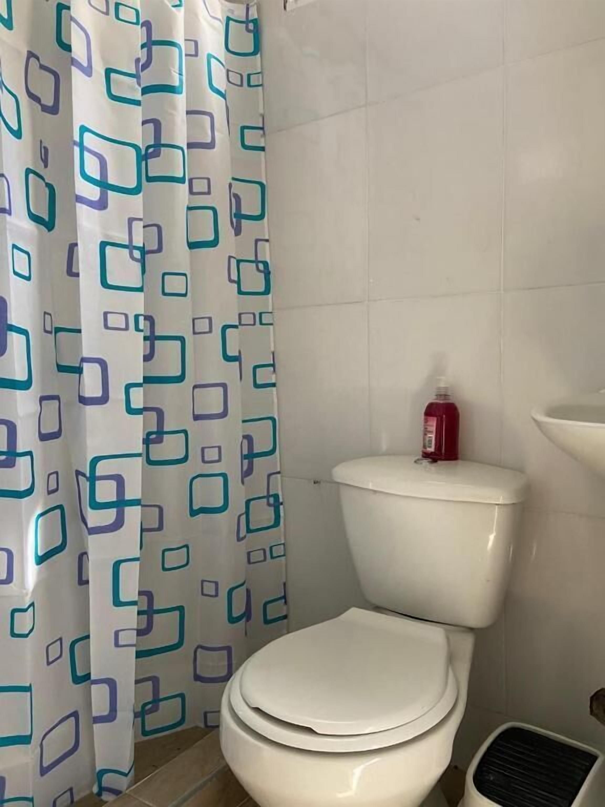 Une salle de bain avec des toilettes, un rideau de douche et une bouteille rouge posée sur le réservoir des toilettes.