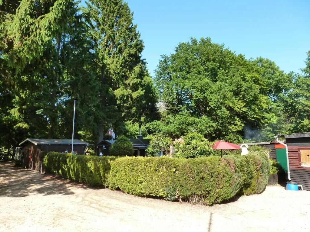 A gravel driveway leading to a building with a red roof, surrounded by dense green trees.