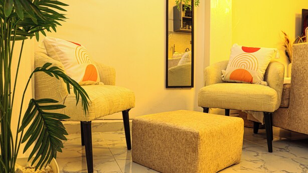 A room with two armchairs, a small ottoman, a potted plant, and a mirror on the wall.