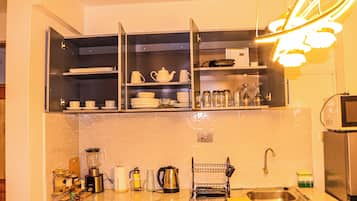 Una cocina con armarios abiertos, un lavamanos y diversos electrodomésticos.