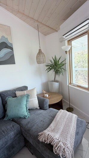 Un salon avec un canapé gris, un mur blanc, un luminaire suspendu, une plante en pot et une fenêtre avec un appareil de climatisation.