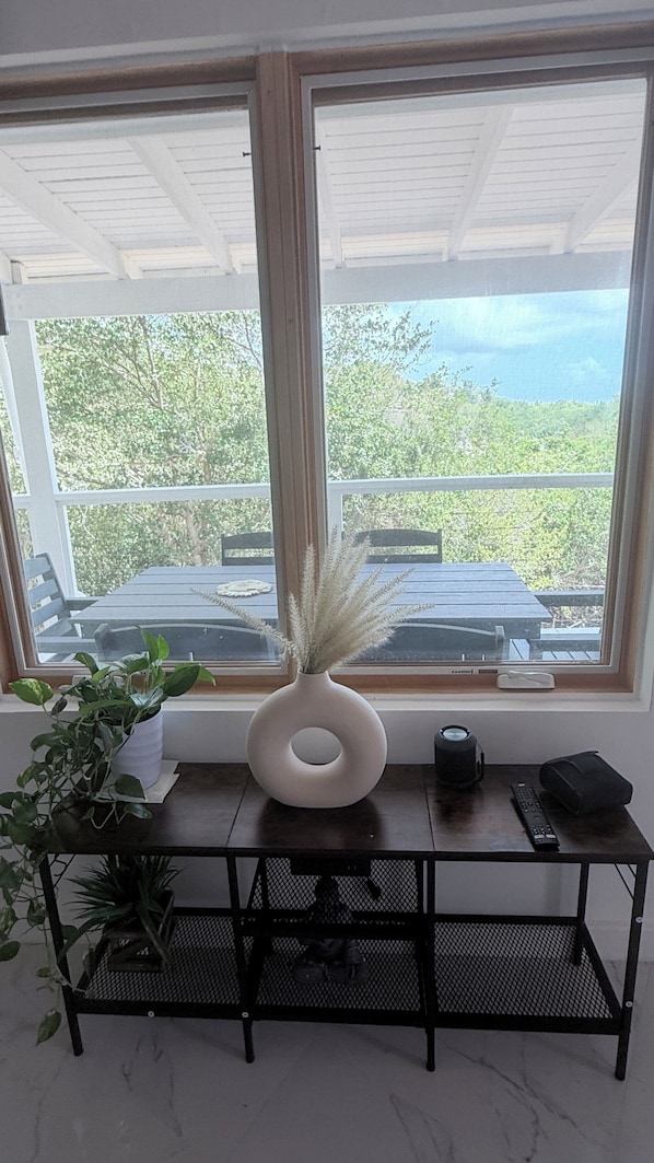 Una habitación con un amplio ventanal, una consola de metal negro, un jarrón blanco con plantas secas y una planta en maceta a la izquierda.