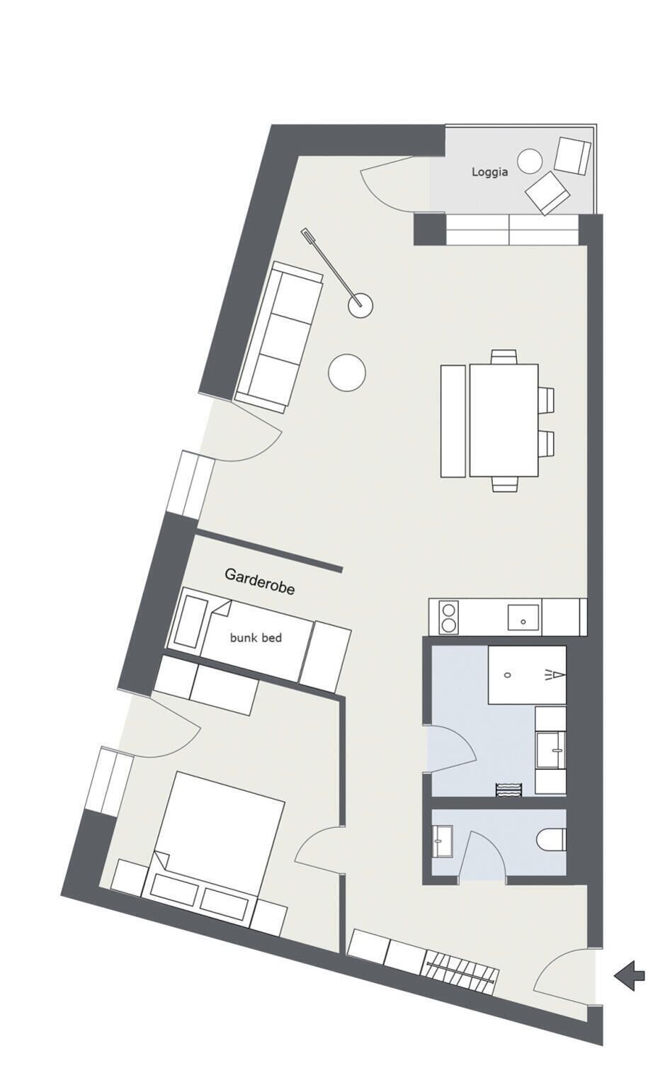 Ein Grundriss mit Loggia, Garten, Etagenbett und Küchenbereich.