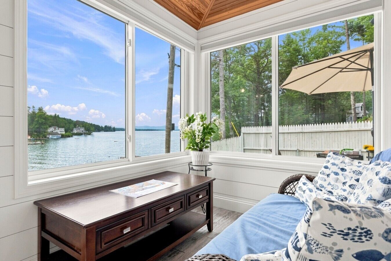 Bright sunroom overlooking the lake
