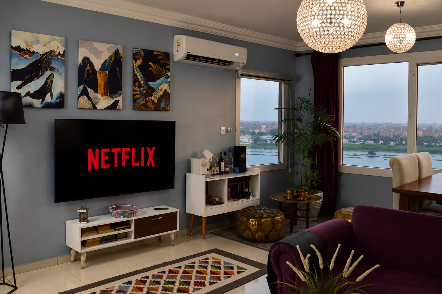 A living room with a flat-screen TV, artwork, a plant, and a view of a cityscape through a window.